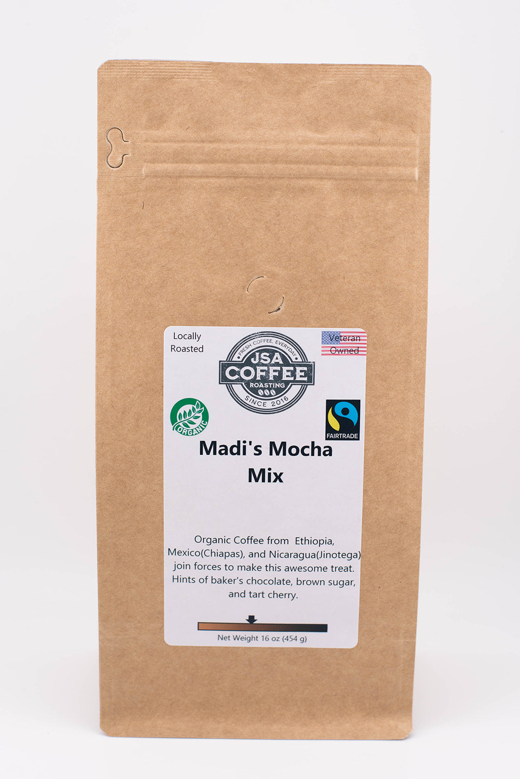 Bag of specialty roast coffee from Ethiopia with notes of Chocolate
