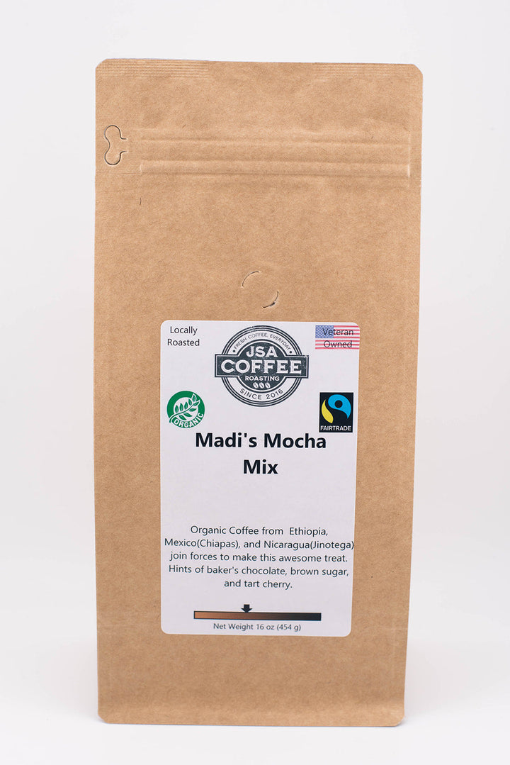 Bag of specialty roast coffee from Ethiopia with notes of Chocolate