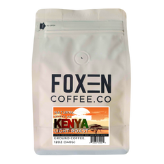 Foxen Kenya AA Light Roast ground coffee in a white pouch