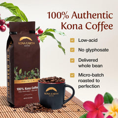 Kona Earth Premium whole-bean coffee packaging detail