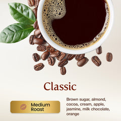 Kona Earth Classic coffee package and brewed cup
