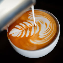 Milk being poured into a coffee cup to create leaf-shaped latte art — PT’s Flying Monkey Medium Roast Espresso Blend