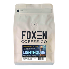 Foxen Lighthouse Blend Medium Roast ground coffee in a white pouch