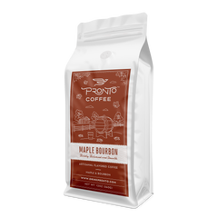 Maple Bourbon coffee package with maple and oak-inspired flavor branding