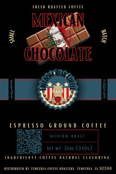 Flat Mexican Chocolate Medium Roast Coffee label with chocolate-bar artwork and Freedom Bear crest