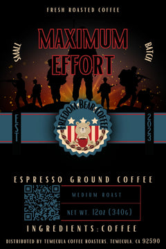 Flat Maximum Effort Medium-Dark Coffee label with figures beneath red Maximum Effort lettering and Freedom Bear crest