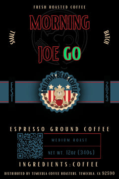 Flat Morning Joe Go Robusta Coffee Blend label with green Go lettering and Freedom Bear crest