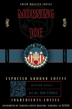 Flat Morning Joe Medium Roast Coffee label with red Morning Joe lettering and Freedom Bear crest