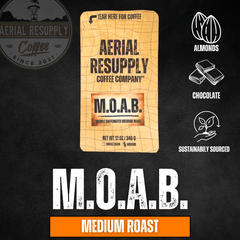 MOAB medium-roast product graphic with almond and chocolate icons