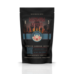 Freedom Bear Maximum Effort Medium-Dark Coffee bag with figures beneath red Maximum Effort lettering