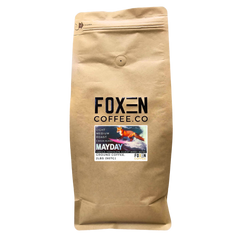 Foxen Mayday Blend coffee in a brown resealable bag