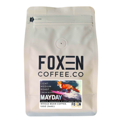 Foxen Mayday Blend whole bean coffee in a white pouch