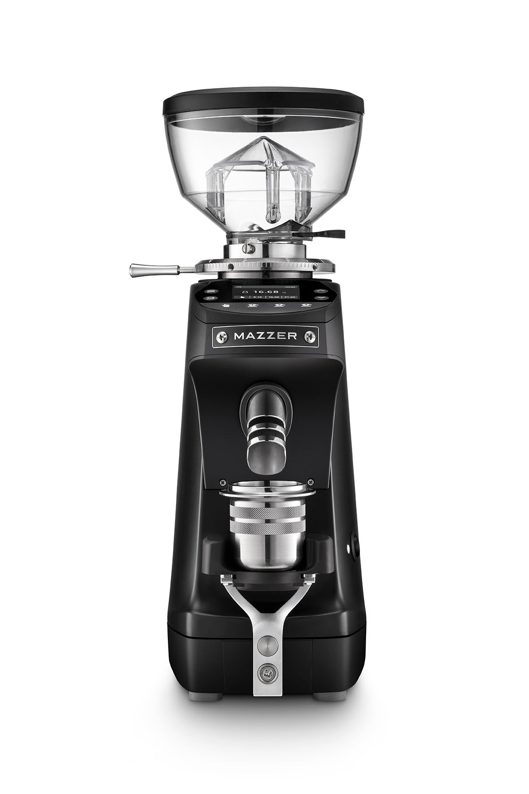 Front view of black Mazzer Mini G with short hopper and dosing cup