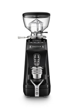 Front view of black Mazzer Mini G with short hopper and dosing cup