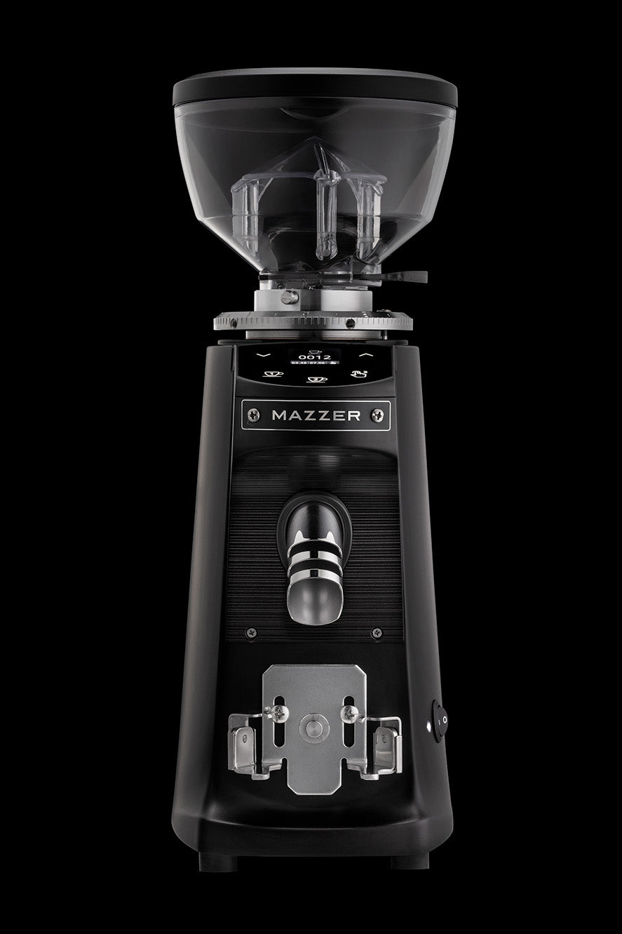 Mazzer Mini On Demand front detail showing chute and portafilter holder