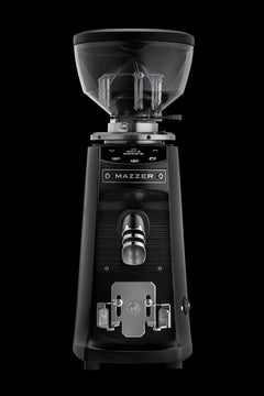 Mazzer Mini On Demand front detail showing chute and portafilter holder