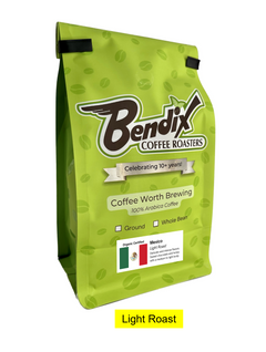 Front of green Bendix Mexico Light Roast Coffee bag showing its product label