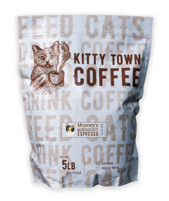 Kitty Town Mooney’s Midnight Dark Espresso Coffee — 5 lb Kitty Town bag with repeating coffee-and-cats lettering