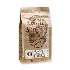 Kitty Town Mooney’s Midnight Dark Espresso Coffee — 12 oz kraft Kitty Town bag with illustrated cat label