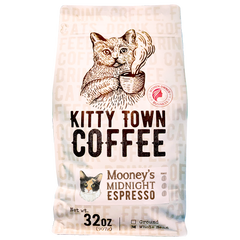 Kitty Town Mooney’s Midnight Dark Espresso Coffee — 32 oz Kitty Town package with large cat illustration