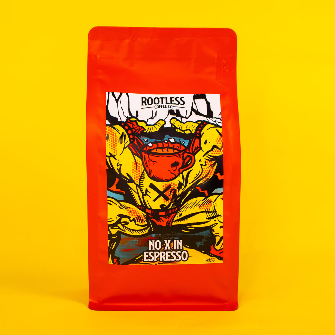 Bag of medium roast coffee from Origin Unknown with notes of Chocolate, Fruity