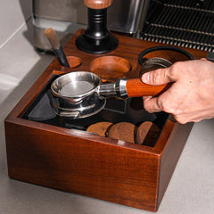 Wood espresso tamping station detail