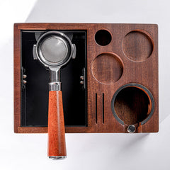 Wood espresso tamping station detail
