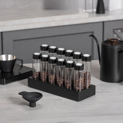 Lab-style coffee bean storage rack detail