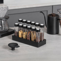 Lab-style coffee bean storage rack detail