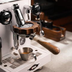 Walnut and resin handle bottomless espresso portafilter