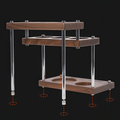 Three-tier walnut coffee utensil organizer detail