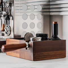 Wood espresso tamping station detail