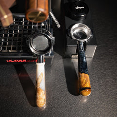 Walnut and resin handle bottomless espresso portafilter