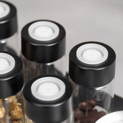 Lab-style coffee bean storage rack detail