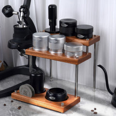 Three-tier walnut coffee utensil organizer detail