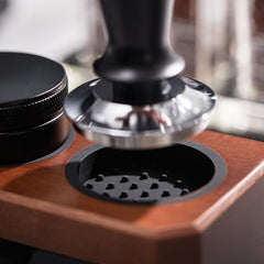 Wood espresso tamping station detail