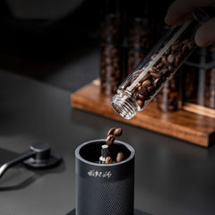 Lab-style coffee bean storage rack detail