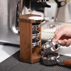 Wood espresso tamping station detail