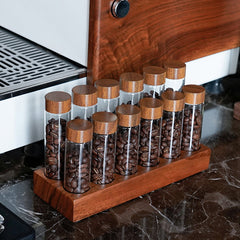 Lab-style coffee bean storage rack detail