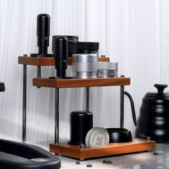 Three-tier walnut coffee utensil organizer detail