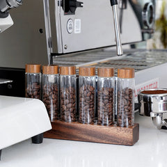 Lab-style coffee bean storage rack detail