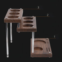 Three-tier walnut coffee utensil organizer detail