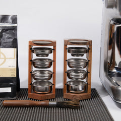 Wood espresso tamping station detail