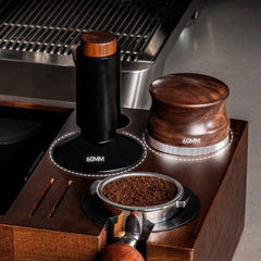 Wood espresso tamping station detail