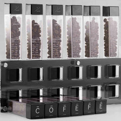 Lab-style coffee bean storage rack detail
