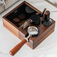 Wood espresso tamping station detail