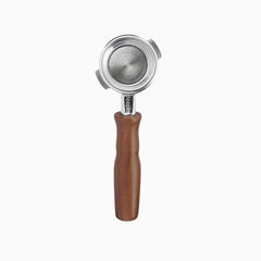 Stainless steel bottomless portafilter with walnut handle