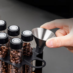 Lab-style coffee bean storage rack detail