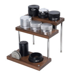 Three-tier walnut coffee utensil organizer detail