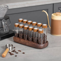Lab-style coffee bean storage rack detail